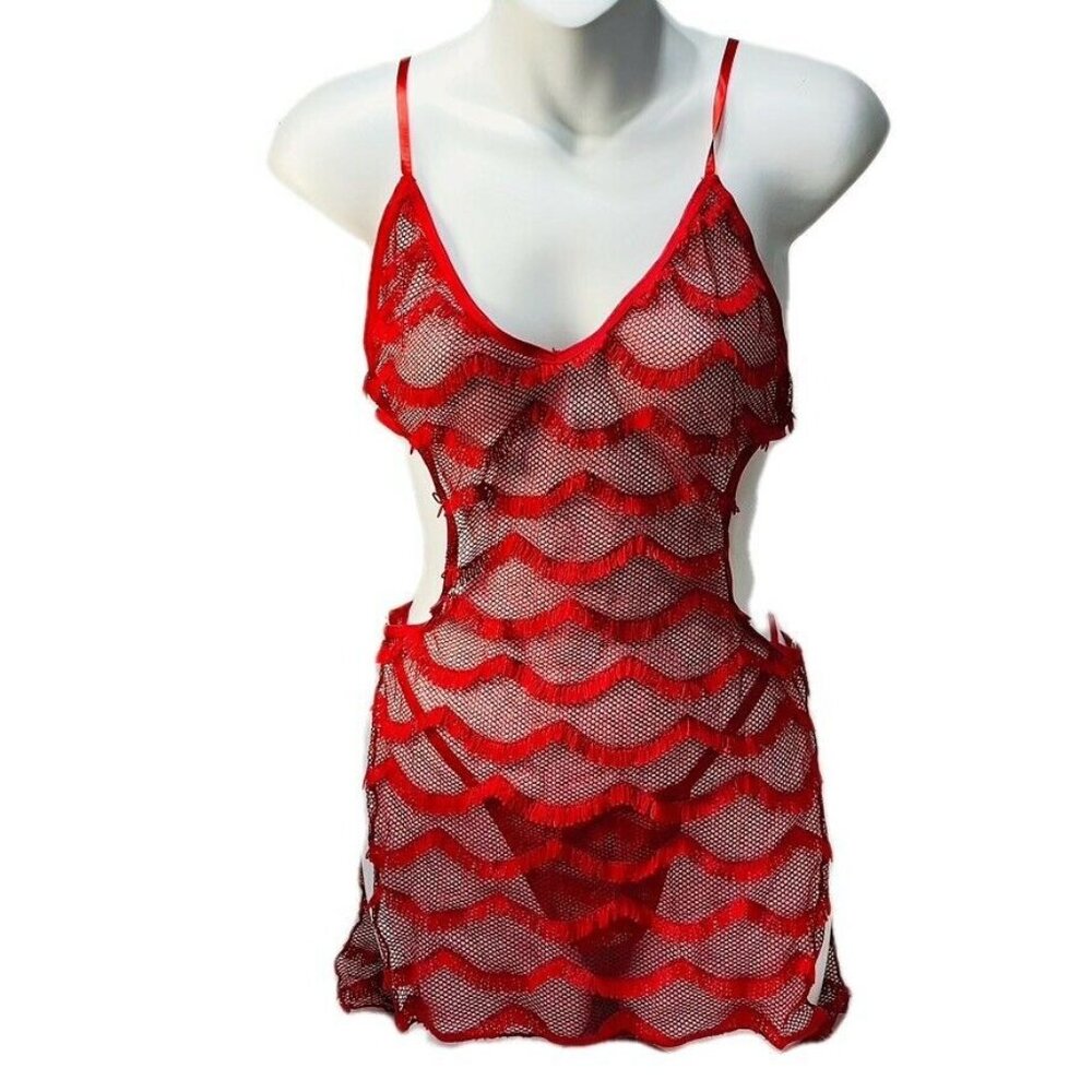Red Mesh Cutout Bodycon Mini Dress With Side Slit & Strappy Details
